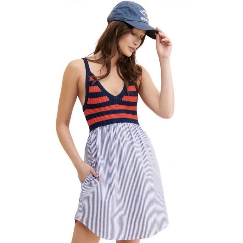KULE Esmee Navy & Red/Orange Striped Knit-Bodice Mini Dress - Size Small